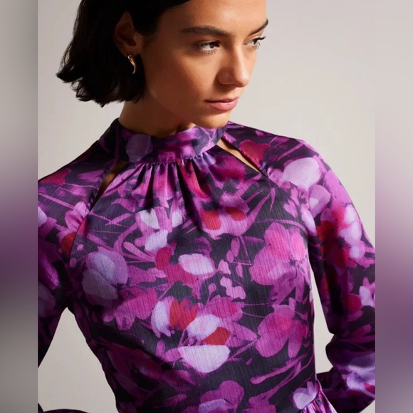 TED BAKER Sammieh Purple Floral Print high-neck fit and flare woven mini dress - Picture 4 of 10